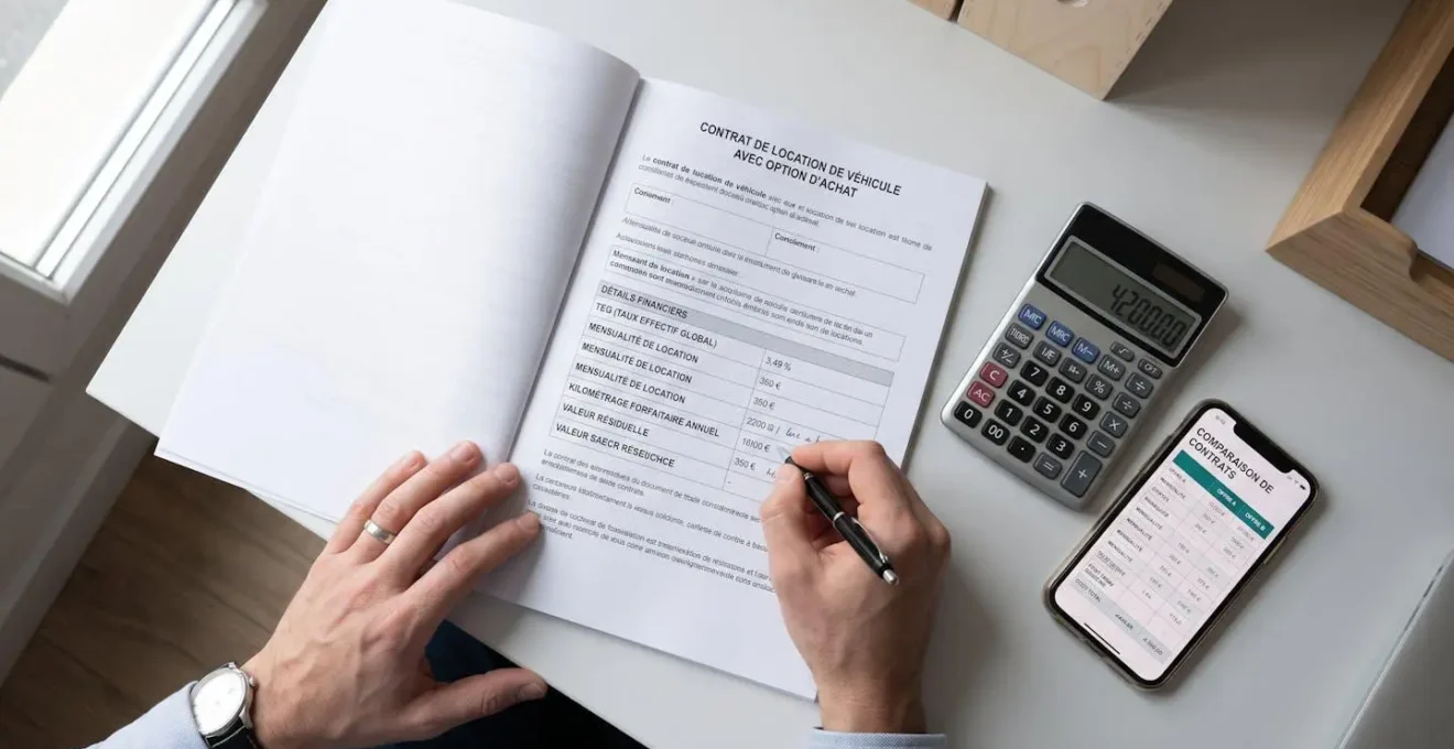 Vue du dessus d'un bureau avec contrat de location automobile ouvert en français, calculatrice, smartphone et mains d'une personne analysant les conditions de leasing (TEG, mensualités, kilométrage)
