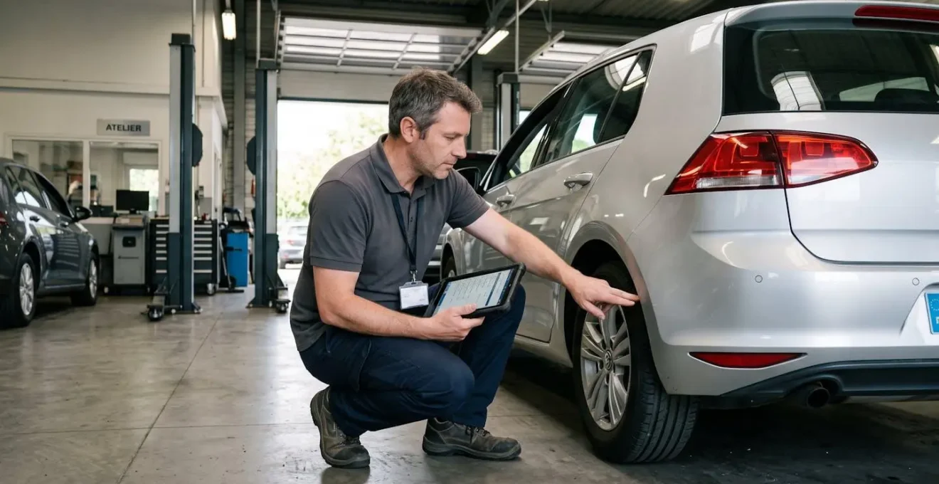 Inspecteur automobile professionnel examinant l'état d'un véhicule lors de la restitution de fin de contrat de leasing dans un garage de concession française, avec tablette d'évaluation